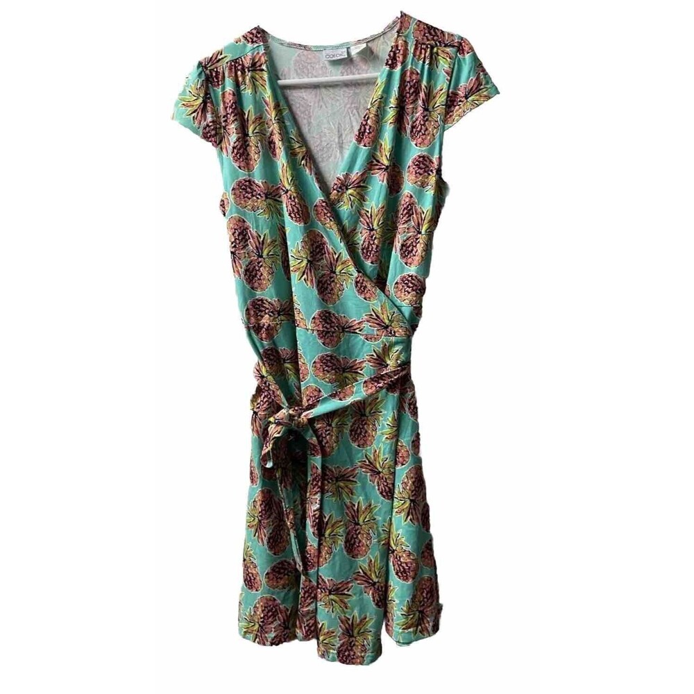 All For Color Womens Medium Green Pineapple Print Knit Wrap Fit & Flare Dress